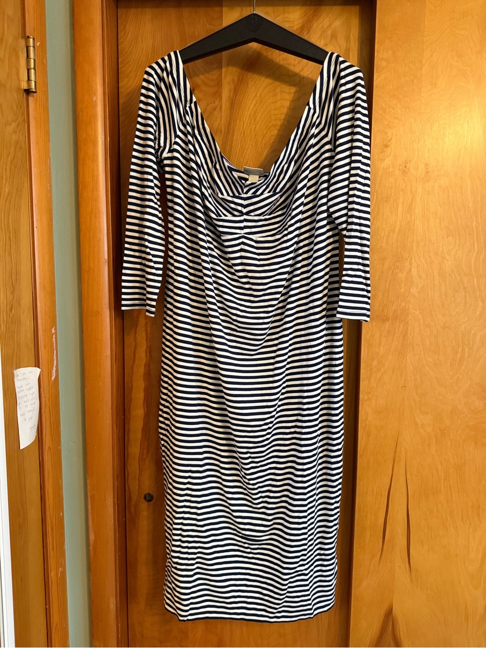 Striped Blue and White Midi Dress with Draped Neckline